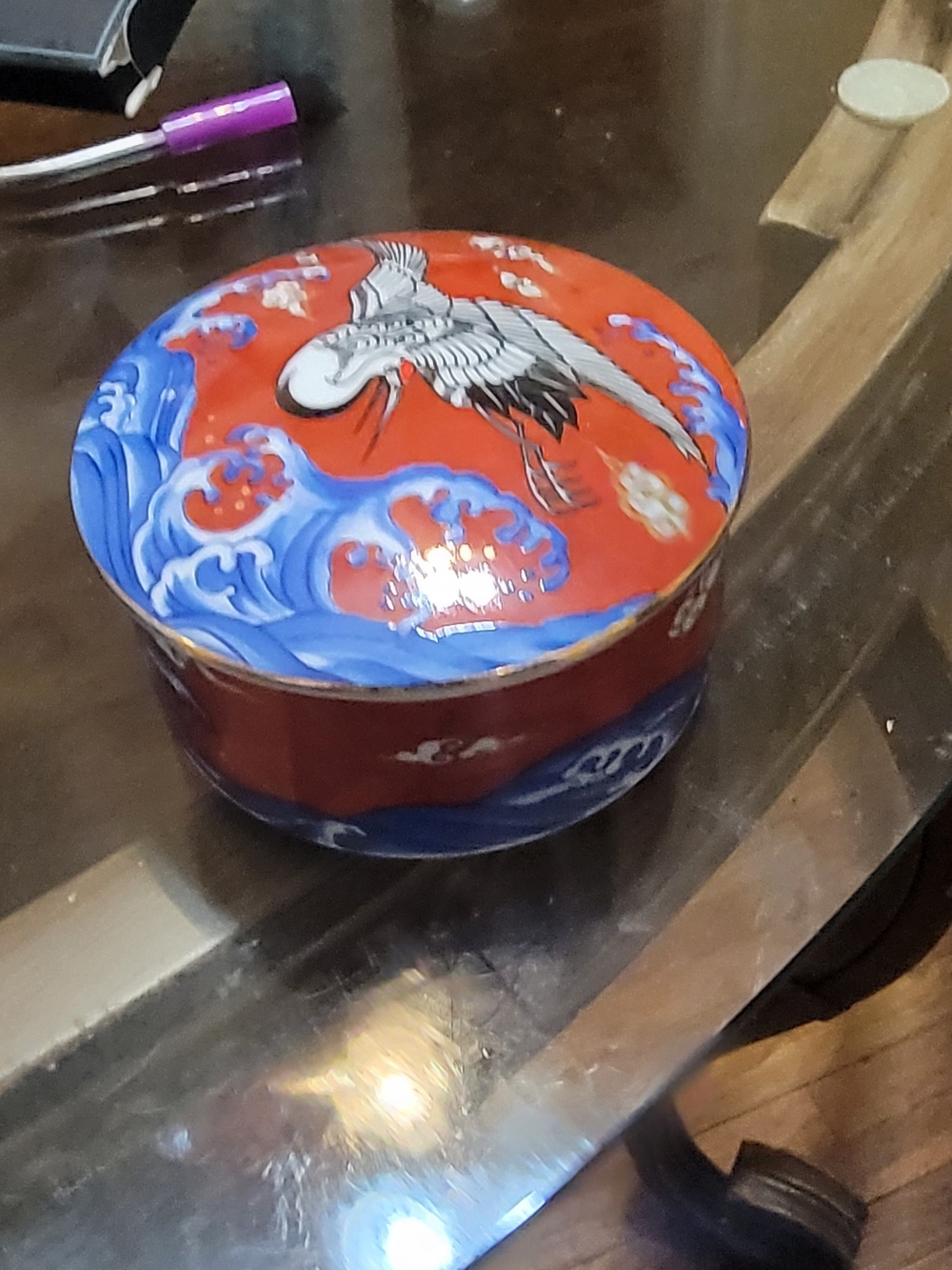 SHASHI Red and Blue Crane Enamel Trinket Box
